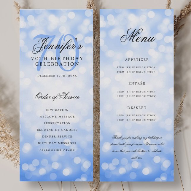 70th Birthday Program Navy Blue Bokeh Menu Invitation (70th Birthday Program Navy Blue Bokeh Menu)