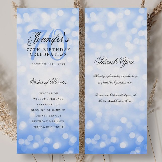 70th Birthday Program Navy Blue Bokeh Thank You Invitation (70th Birthday Program Navy Blue Bokeh Thank You)
