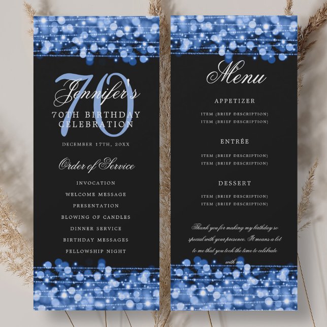70th Birthday Program Navy Blue Menu+Thank You Invitation (70th Birthday Program Navy Blue Menu+Thank You)