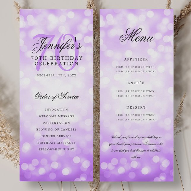 70th Birthday Program Purple Bokeh Menu Invitation (70th Birthday Program Purple Bokeh Menu)