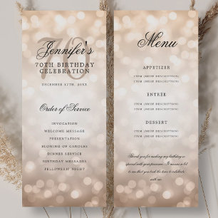 70th Birthday Program Rose Gold Bokeh Menu Invitation