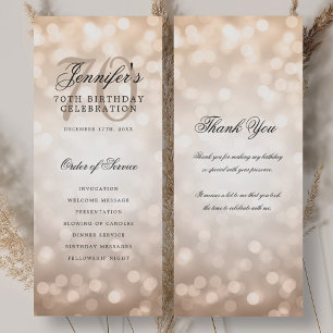 70th Birthday Program Rose Gold Bokeh w/ Thank You Invitation