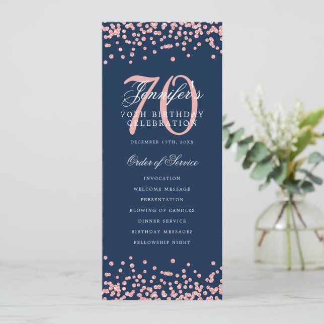 70th Birthday Program Rose Gold Confetti Navy Blue Invitation (Standing Front)