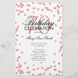 70th Birthday Program Rose Gold Glitter w/ Menu