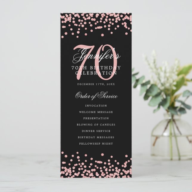 70th Birthday Program Rose Gold Menu Black Invitation (Standing Front)