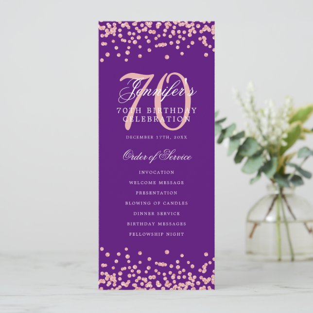 70th Birthday Program Rose Gold Menu Purple  Invitation (Standing Front)