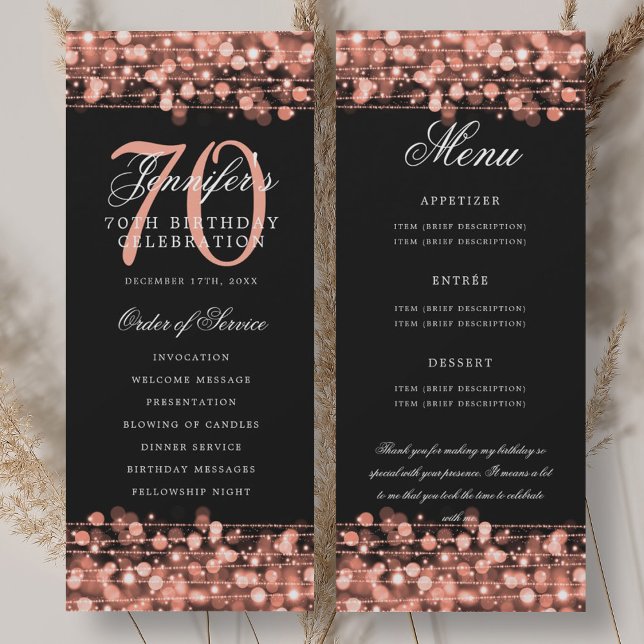 70th Birthday Program Rose Gold Menu+Thank You Invitation (70th Birthday Program Rose Gold Menu+Thank You)