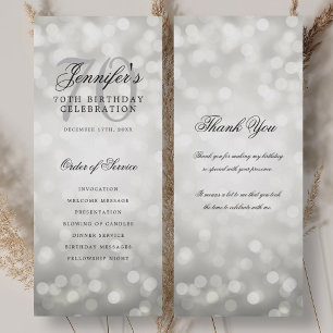70th Birthday Program Silver Bokeh Thank You Invitation