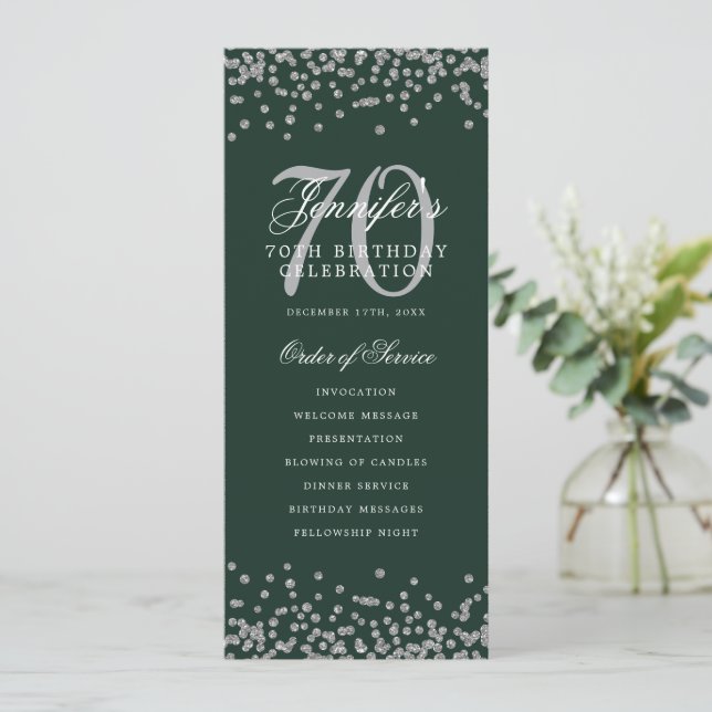 70th Birthday Program Silver Confetti Green  Invitation (Standing Front)
