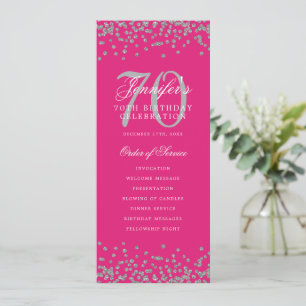 70th Birthday Program Silver Confetti Hot Pink Invitation