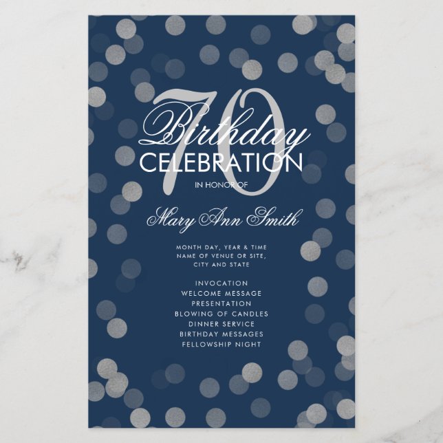 70th Birthday Program Silver Confetti Menu Navy  (Front)