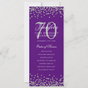 70th Birthday Program Silver Confetti Purple  Invitation