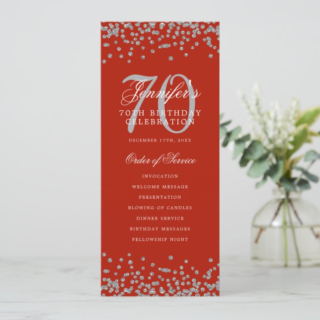70th Birthday Program Silver Confetti Red  Invitation (Standing Front)