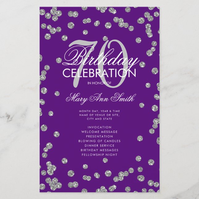 70th Birthday Program Silver Glitter Menu Purple  (Front)
