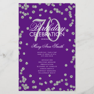 70th Birthday Program Silver Glitter Menu Purple
