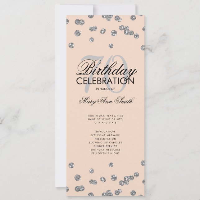 70th Birthday Program Silver Glitter w/ Menu Blush Invitation (Front)