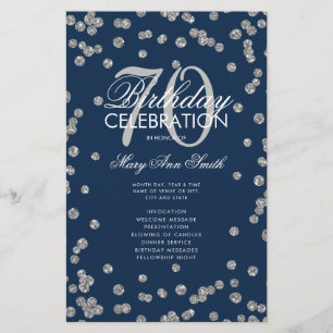 70th Birthday Program Silver Glitter w/ Menu Navy