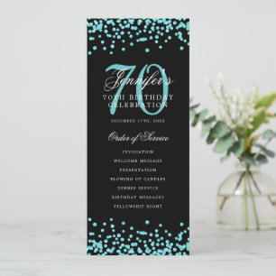 70th Birthday Program Teal Confetti Menu Black Invitation