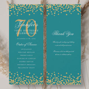70th Birthday Program Thank You Gold Turquoise  Invitation