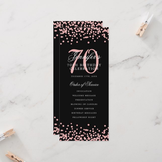 70th Birthday Program Thank You Rose Gold Black Invitation (Front/Back In Situ)