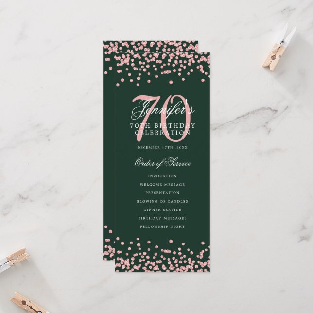 70th Birthday Program Thank You Rose Gold Green  Invitation (Front/Back In Situ)