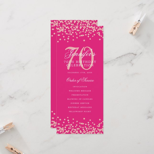 70th Birthday Program Thank You Rose Gold Hot Pink Invitation (Front/Back In Situ)