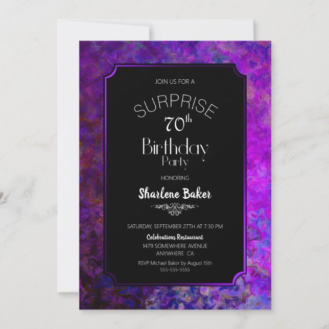 70th Birthday Purple and Black Surprise Party Invitation (Front)
