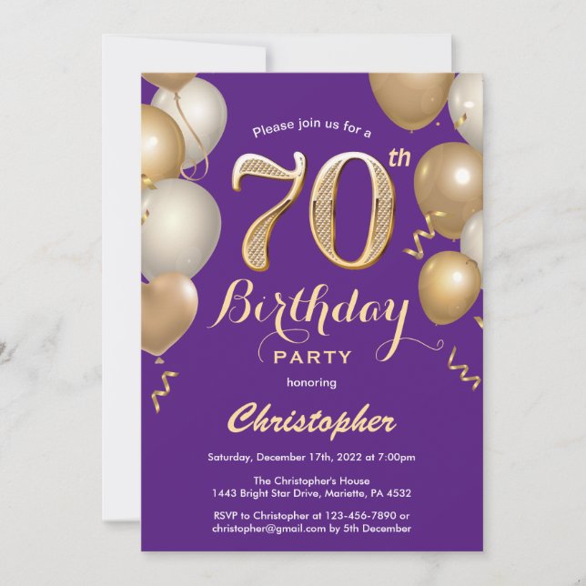 70th Birthday Purple and Gold Balloons Confetti Invitation (Front)