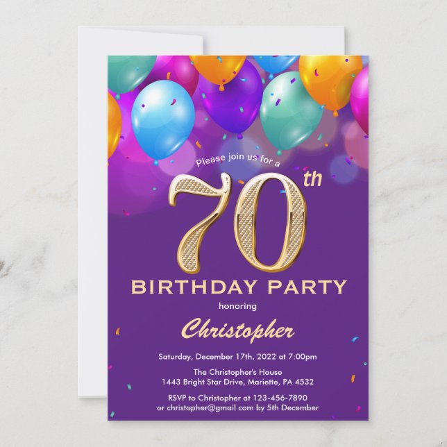 70th Birthday Purple and Gold Colourful Balloons Invitation (Front)