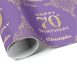 70th Birthday Purple and Gold Glitter Frame Wrapping Paper