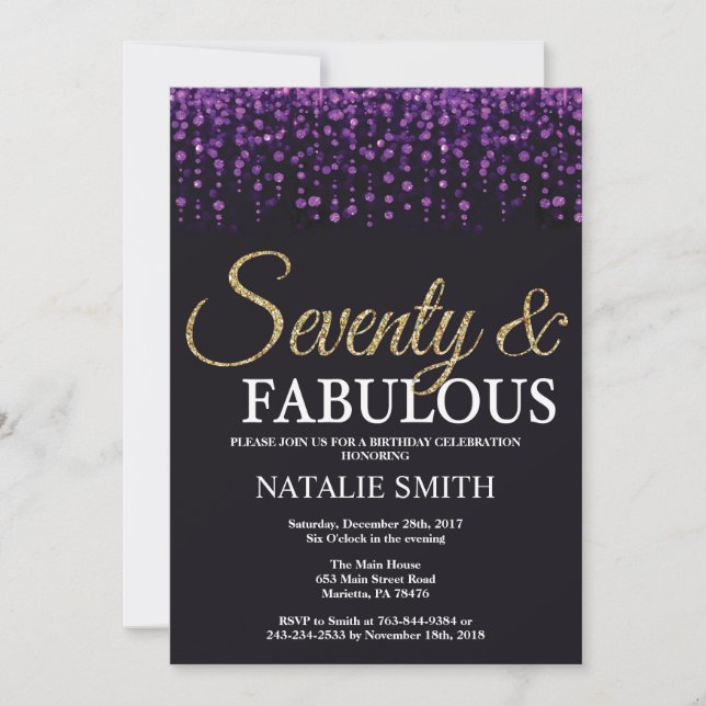 70th Birthday Purple and Gold Glitter Invitation (Front)