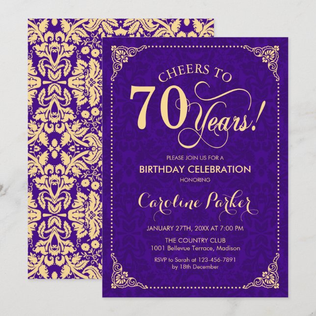 70th Birthday - Purple Gold Damask Invitation (Front/Back)