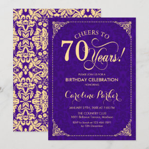 70th Birthday - Purple Gold Damask Invitation