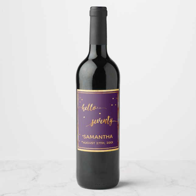 70th birthday purple gold hello 70 name script wine label (Front)
