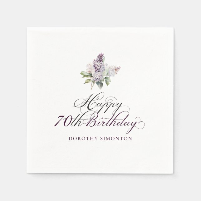 70th Birthday Purple Lilac Spring Flower Cocktail Napkin (Front)
