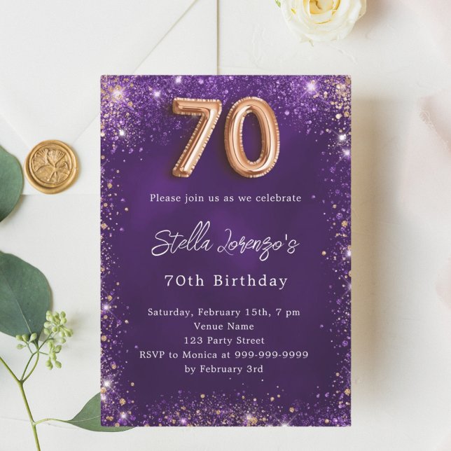70th Birthday purple rose gold Invitation (Creator Uploaded)