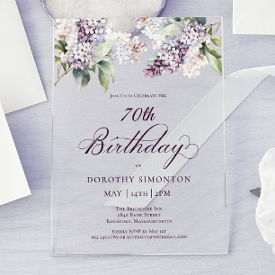70th Birthday Purple Spring Lilac Flower Acrylic Invitations