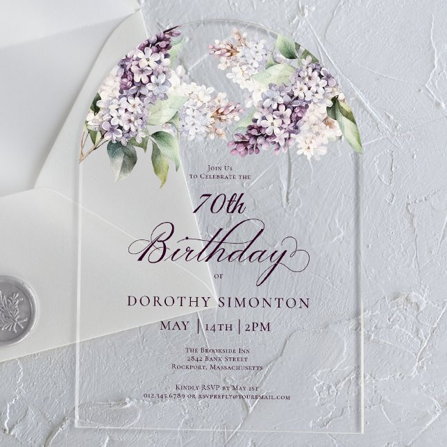 70th Birthday Purple Spring Lilac Flower Arch Acrylic Invitations (Creator Uploaded)