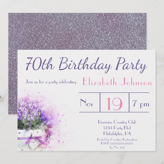 70th Birthday Purple Watercolor Flowers Invitation (Front/Back)
