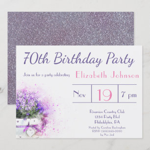 70th Birthday Purple Watercolor Flowers Invitation