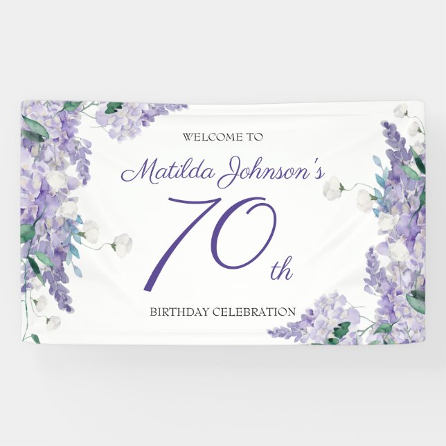 70th Birthday Purple Wisteria Floral Elegant Party Banner (Horizontal)
