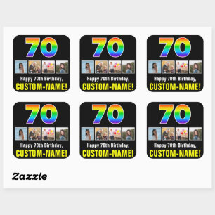 70th Birthday: Rainbow “70”; Custom Photos & Name Square Sticker
