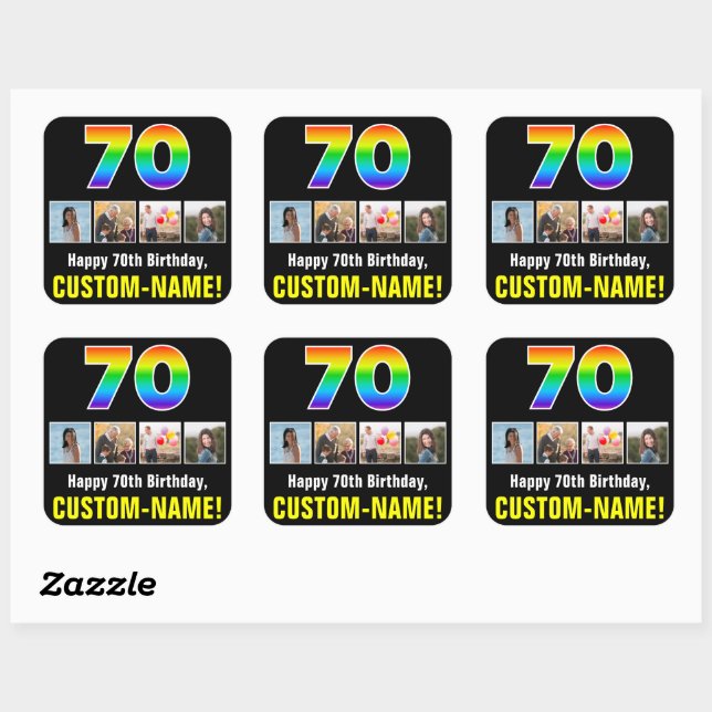 70th Birthday: Rainbow “70”; Custom Photos & Name Square Sticker (Sheet)