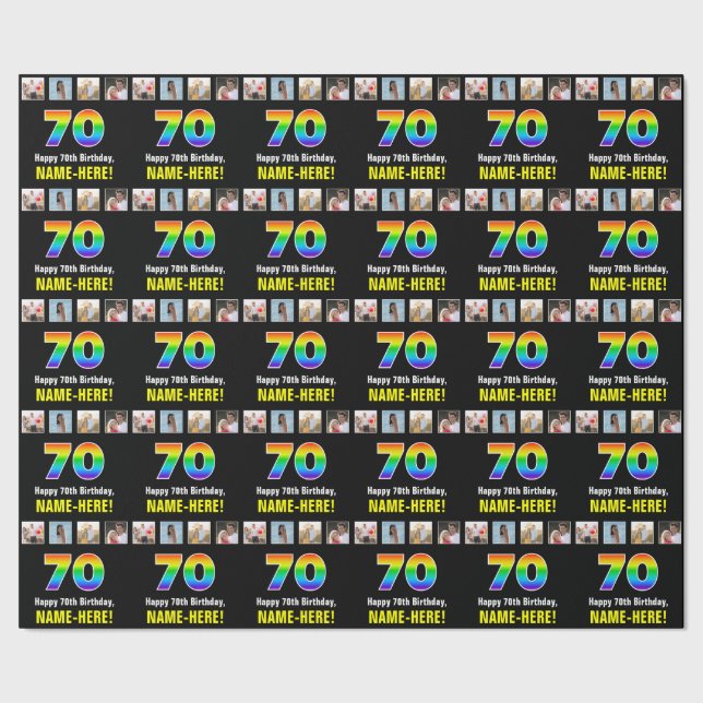 70th Birthday: Rainbow “70“; Custom Photos & Name Wrapping Paper (Seam)