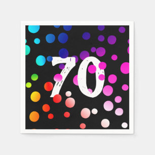 70th Birthday Rainbow Dots on Black Napkin