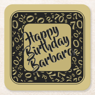 70th Birthday Random Number Pattern Black/Gold Square Paper Coaster