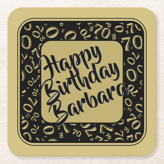 70th Birthday Random Number Pattern Black/Gold Square Paper Coaster (Front)