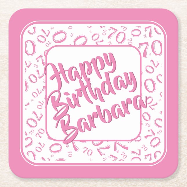70th Birthday Random Number Pattern Pink/White Square Paper Coaster (Front)