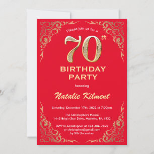 70th Birthday Red and Gold Glitter Frame Invitation