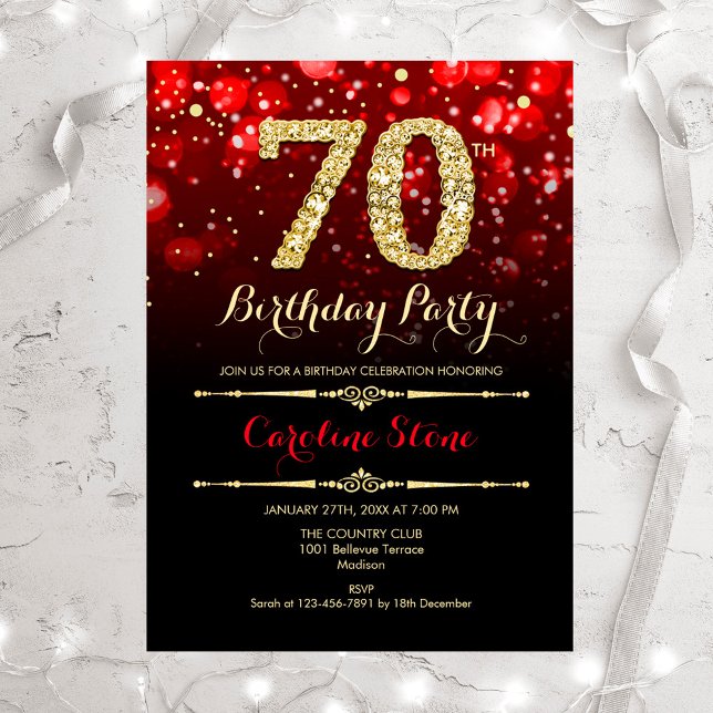 70th Birthday - Red Black Gold Invitation (Creator Uploaded)